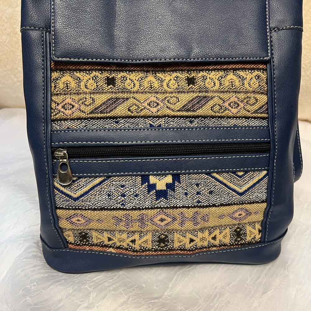 Tapestry and Blue leather bag